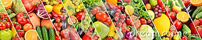 Panoramic collection fruits and vegetables separated oblique stripes. Stock Photo