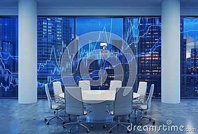 Panoramic conference room in modern office, cityscape of New York skyscrapers at night, Manhattan. Stock Photo