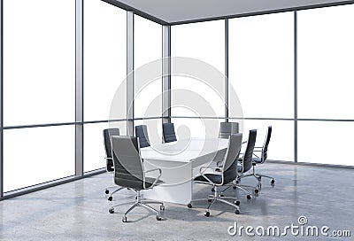 Panoramic conference room in modern office, copy space view from the windows. Black chairs and a white table. Stock Photo
