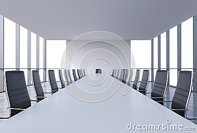 Panoramic conference room in modern office, copy space view from the windows. Black leather chairs and a white table. Stock Photo