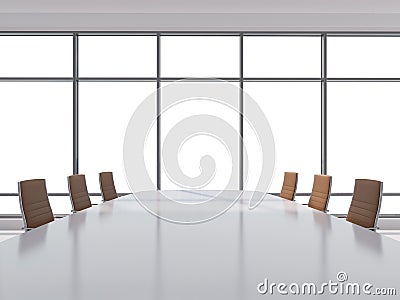 Panoramic conference room in modern office, copy space view from the windows. Brown leather chairs and a table. Stock Photo