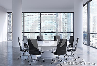 Panoramic conference room in modern office in Moscow business centre, so-called Moscow-City. Stock Photo