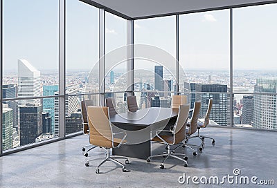 Panoramic conference room in modern office in New York City. Brown chairs and a black table. Stock Photo