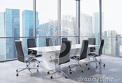 Panoramic conference room in modern office in Singapore. Black chairs and a white table. Stock Photo