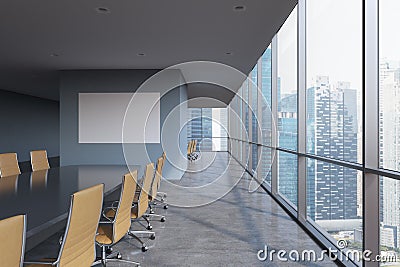 Panoramic conference room in modern office in Singapore. Brown chairs and a black table. Stock Photo