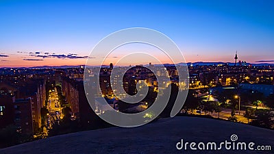 Panoramic day to night timelapse View of Madrid, Spain. Photo taken from the hills of Tio Pio Park, Vallecas Stock Photo