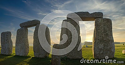 Panoramic Detail of Stonehenge Arches at Sunrise from Inside the Circle of Stones Stock Photo