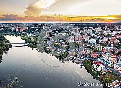 Panoramic european provincial country town or city with river, drone air photo Vinnitsa, Ukraine sunset Stock Photo