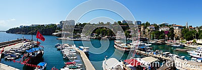 Panoramic Flag pirate ship sea water harbour beach bar resturant old town Antalya turkey Editorial Stock Photo