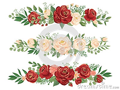 Panoramic flowers borders. Rose bud, flower border and roses header panorama floral banner vector illustration Vector Illustration