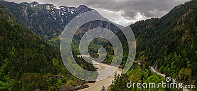 Panoramic format photo of the fresh spring green foliage in the Lillooet-Fraser Canyon, British Columbia, Canada Stock Photo