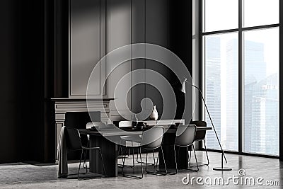 Panoramic grey city dining room with long table, black chairs and fireplace Stock Photo