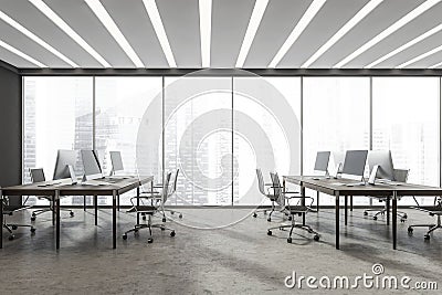 Panoramic grey office interior with two combined office desks Stock Photo