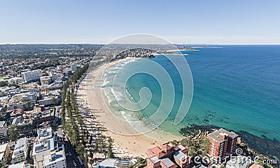 Panoramic high angle aerial drone shot of famous Manly Beach, a beach-side suburb of northern Sydney Stock Photo