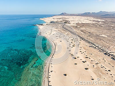 Panoramic high angle aerial drone view of Corralejo National Park Parque Natural de Corralejo with sand dunes Stock Photo