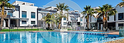 Panoramic image beautiful town houses with swimming pool, Torrevieja, Spain Stock Photo