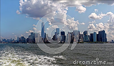 Panoramic image of lower Manhattan skyline from Staten Island Ferry boat Editorial Stock Photo