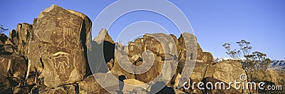 Panoramic image of petroglyphs at Three Rivers Petroglyph National Site, a (BLM) Bureau of Land Management Site, features more Stock Photo