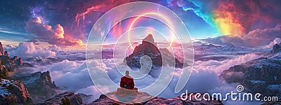 a monk in red in mediation on the mountain ,An incredible fantasy world . AI generate Stock Photo