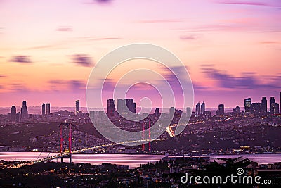 Panoramic Istanbul landscape. Bosphorus bridge at sunset Stock Photo