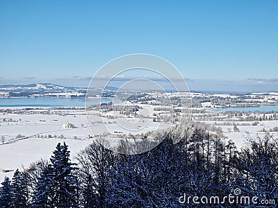 Panoramic landscape aerial view in Bavaria. Rieden on Forggensee lake Stock Photo