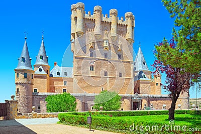 Panoramic landscape at the ancient city Segovia, Alcazar of Sego Editorial Stock Photo