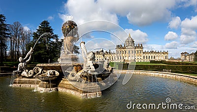 Panoramic landscape of the Atlas Fountain and Castle Howard Stately Home in the Howardian Hills Editorial Stock Photo