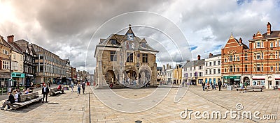 Panoramic landscape of Cathedral Square in Peterborough with the Guildhall building Editorial Stock Photo