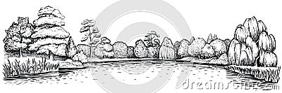 Panoramic landscape with forest and lake, vector hand drawn illustration. Vector Illustration