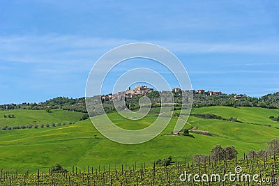 Panoramic landscape of the Italian Tuscan town with stone houses, a fortress on the mountain and green fields in spring Stock Photo