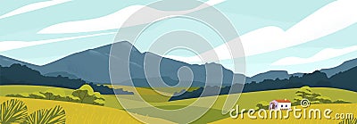 Panoramic landscape with meadows and mountains. House in rural area vector illustration. Scenic outdoor nature view with Vector Illustration