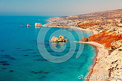 Panoramic landscape Petra tou Romiou (The rock of the Greek), Aphrodite's legendary birthplace in Paphos, Cyprus island, Stock Photo