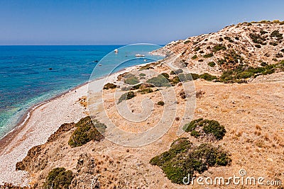 Panoramic landscape Petra tou Romiou (The rock of the Greek), Aphrodite& 39;s legendary birthplace in Paphos, Cyprus island, Stock Photo