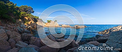 Panoramic landscape sea coast in Costa Brava, Lloret de Mar, Spain. Seascape of rocky beach on mediterranean sea Stock Photo