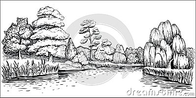 Panoramic landscape with trees and river, vector hand drawn illustration. Vector Illustration