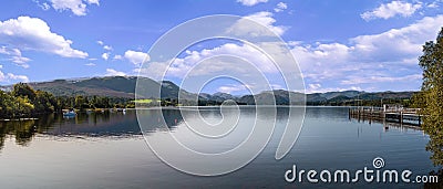 Panoramic landscape of Ullswater lake with Steamer ferry jetty from Pooley Bridge, Cumbria, Stock Photo