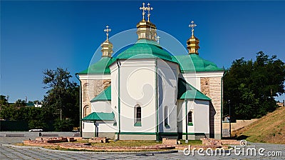 Landscape view of ancient Church of the Saviour at Berestovo. A portion of the wall cleaned from stucco belongs to the 12th cen. Stock Photo