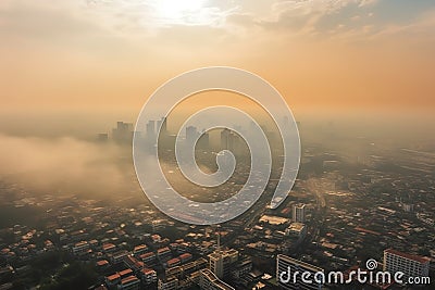 Panoramic landscape view of Bangkok city and skyscape that showing smog. Generative AI Stock Photo