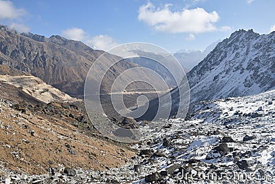 Panoramic landscape view of snowcapped Kala Patthar in sunny winter. It is a famous tourist attraction located in great Himalayas Stock Photo