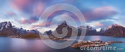 Panoramic landscape, winter mountains and fjord reflection in water. Norway, the Lofoten Islands. Stock Photo