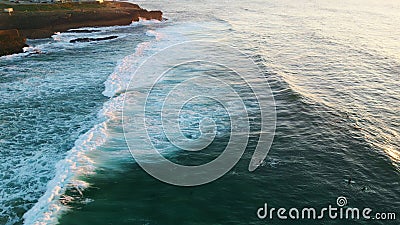 Panoramic marine landscape calm ocean water washing coastal rocks aerial view. Stock Photo