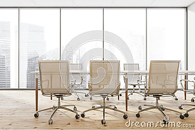 Panoramic meeting room with discussion table and wood floor Stock Photo