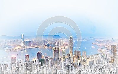 Panoramic modern cityscape building view of Hong Kong mix hand drawn sketch illustration Cartoon Illustration