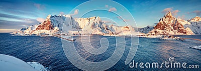 Panoramic morning cityscape of Reine town. Stock Photo