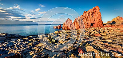 Panoramic morning view of Red Rocks Beach, Arbatax. Amazing spring seascape of Mediterranean sea. Stock Photo