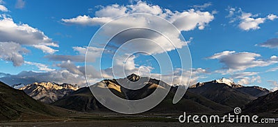 Panoramic mountain landscapes with blue sky and white clouds at Zanskar valley in northern India Stock Photo