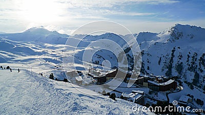 Panoramic mountain view, network of lifts and Les Arcs 2000 Stock Photo