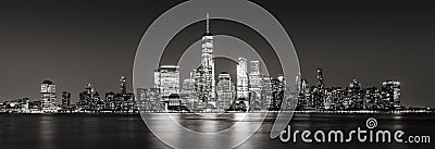 Panoramic of New York City Financial District skyscrapers in evening Black & White Stock Photo