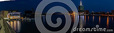 Panoramic Night scene of Five Cowries Creek and The Civic Center and Towers Victoria Island, Lagos Nigeria Stock Photo