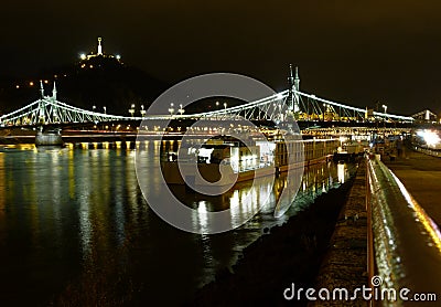 Night view of brightly lit Liberty bridge in Budapest Stock Photo